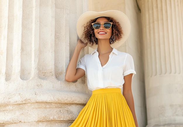 Photo blonde woman in sunglasses white shirt and yellow skirt wearing sun hat and smiling