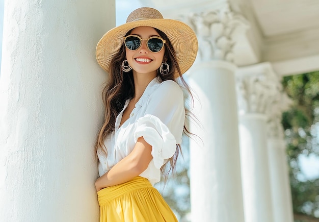 Photo blonde woman in sunglasses white shirt and yellow skirt wearing sun hat and smiling