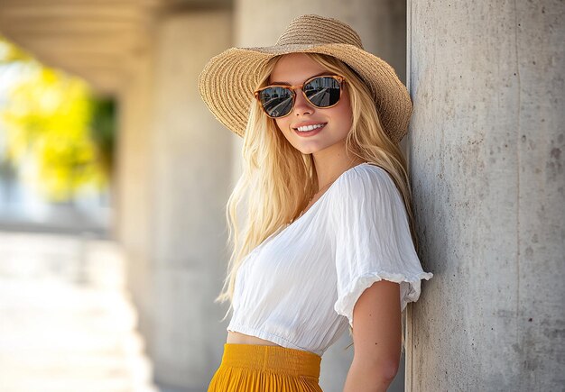 Photo blonde woman in sunglasses white shirt and yellow skirt wearing sun hat and smiling