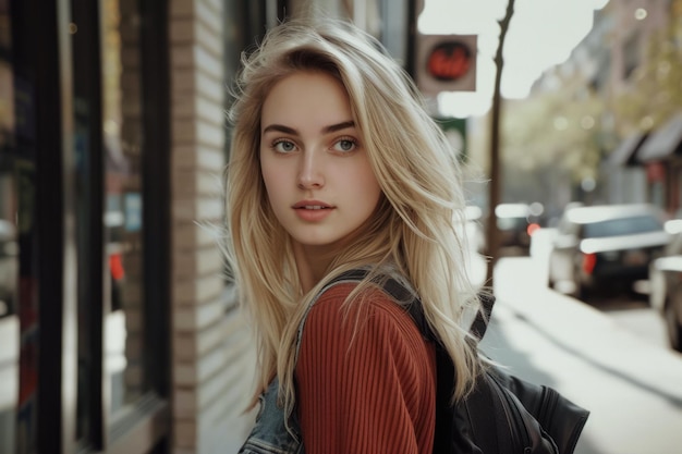 Blonde woman in urban setting