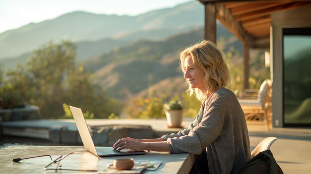 Photo blonde woman using laptop at table