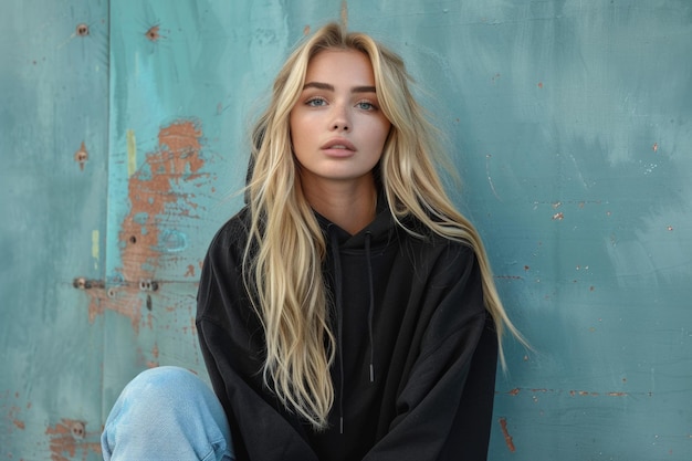 Photo blonde woman wearing black hoodie and blue jeans against a blue wall