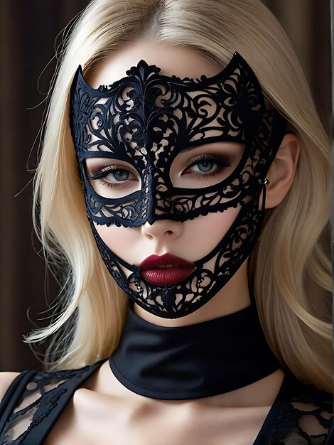 Photo a blonde woman wearing a black lace cat mask