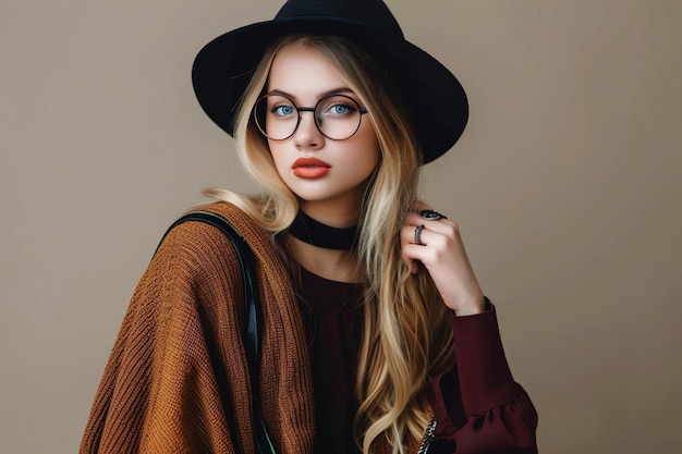 a blonde woman wearing glasses and a hat with a black hat