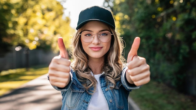 Photo a blonde woman wearing a hat that says thumbs up