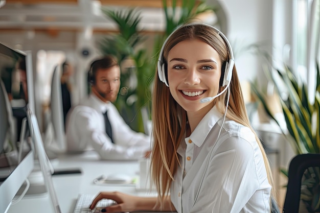 A blonde woman wearing a headset is smiling while working in a call center