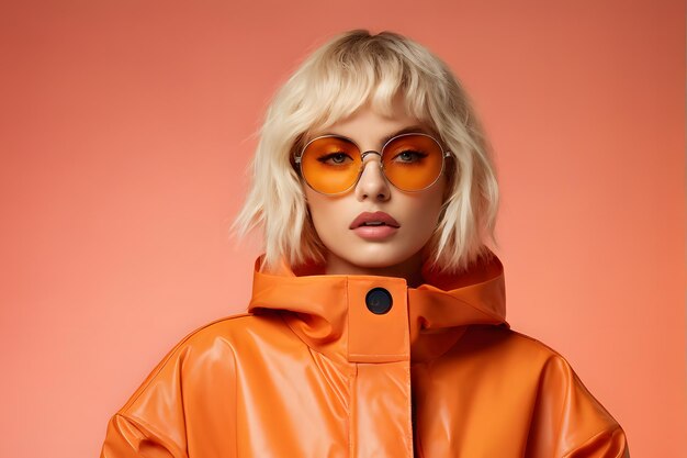 Photo a blonde woman wearing an orange jacket and orange sunglasses