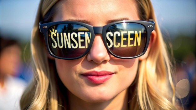 Photo a blonde woman wearing sunglasses that says sun set on it