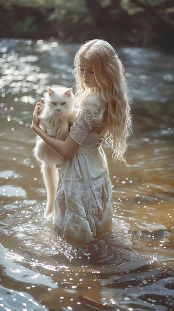 blonde woman in white dress holding a white dog in a river generative ai