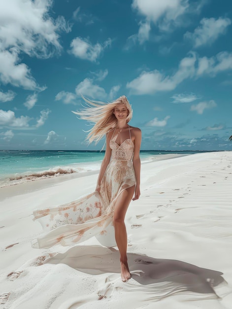 Photo blonde woman in a white dress walks on a white sand beach with turquoise water and blue sky