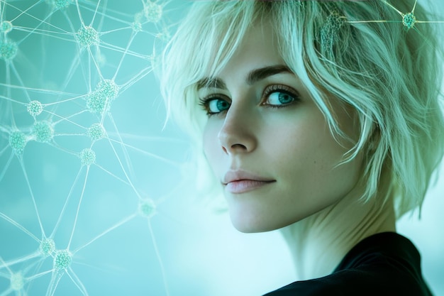 Blonde woman with an abstract digital network overlay on her face symbolizing the integration of hu