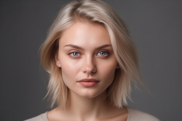 A blonde woman with blue eyes and a white shirt