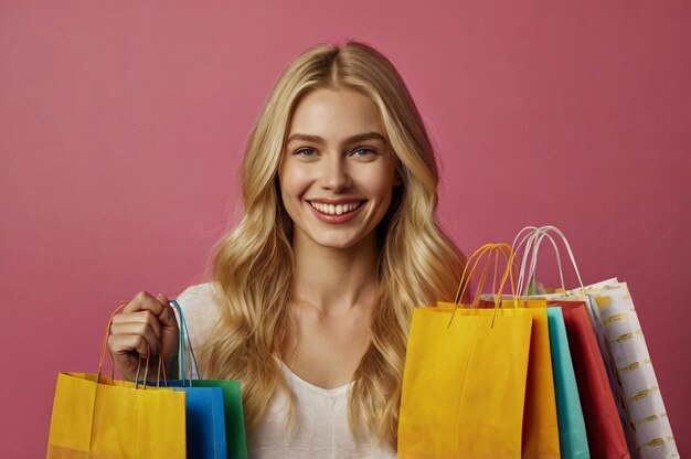 a blonde woman with a bunch of shopping bags