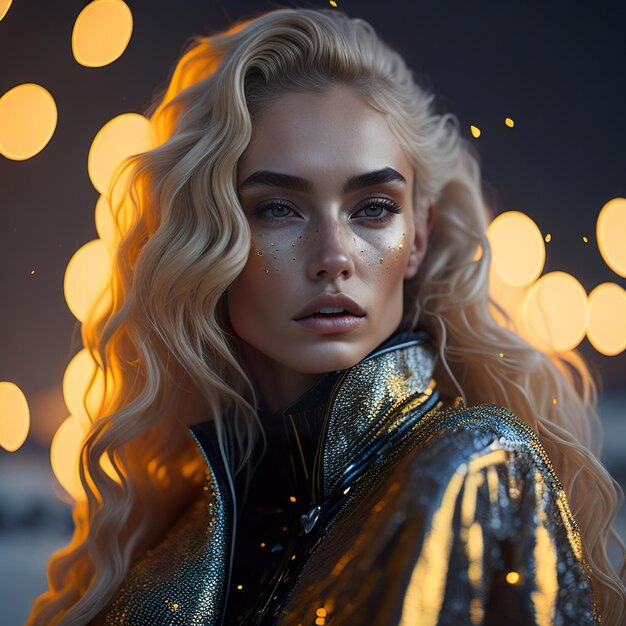 Blonde woman with golden jacket in the night beach