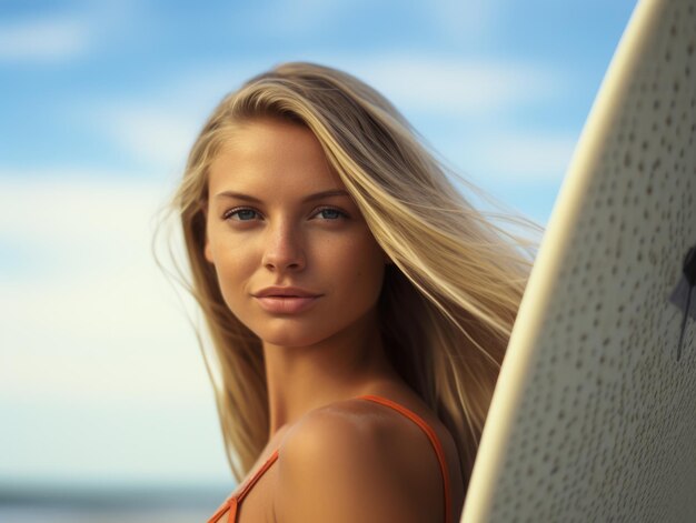 A blonde woman with long hair is standing on a beach holding a surfboard