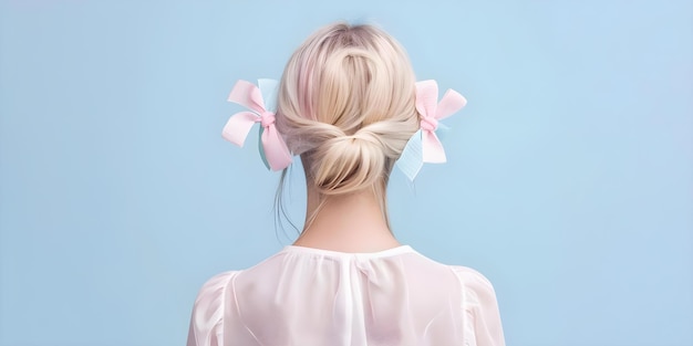 Photo blonde woman with pastel bows in hair viewed from behind concept blonde woman pastel bows hair accessories rear view portrait soft colors