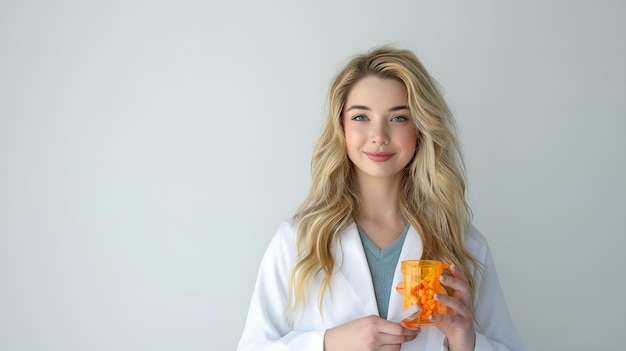 Blonde Woman with Pharmacy Stock Medicine Bottle Filled with Assorted Color Pills