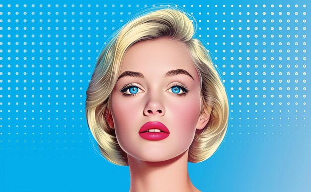 Photo blonde woman with red lips on blue pop art background looking at camera