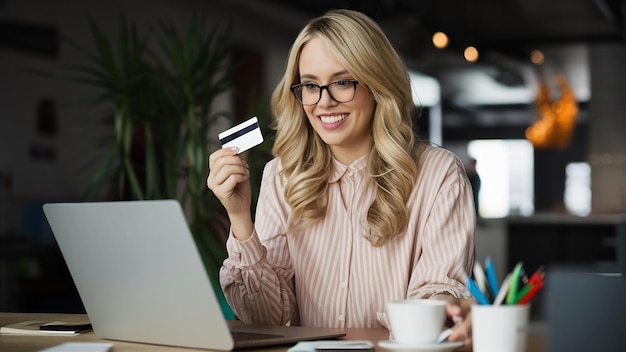 Blonde woman with shopping online and credit card