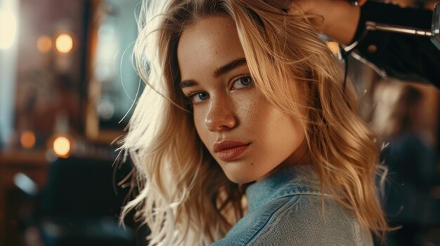 A blonde woman with shoulder length hair in the salon