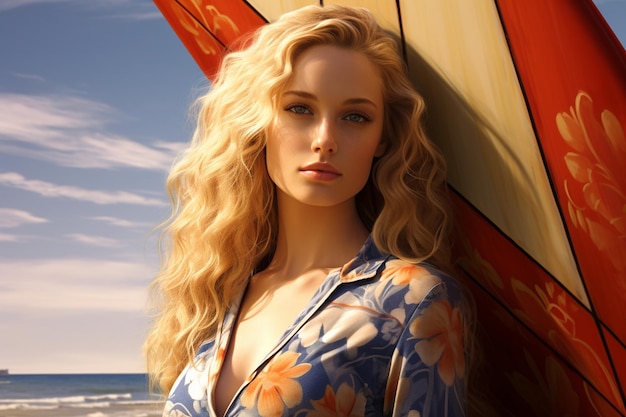 Blonde woman with surfboard on the beach