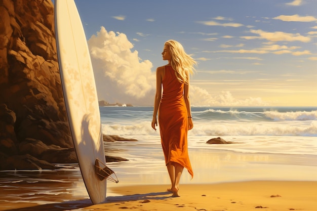 Blonde woman with surfboard on the beach