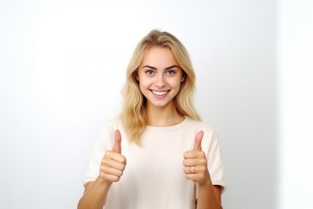 Photo blonde woman with thumbs up in front of white background generative ai