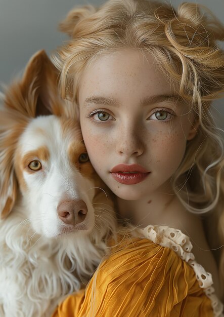 Photo blonde woman with white and brown dog leaning against her wearing yellow dress and eye makeup