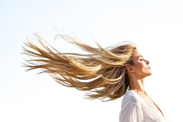 Blonde woman with windblown hair