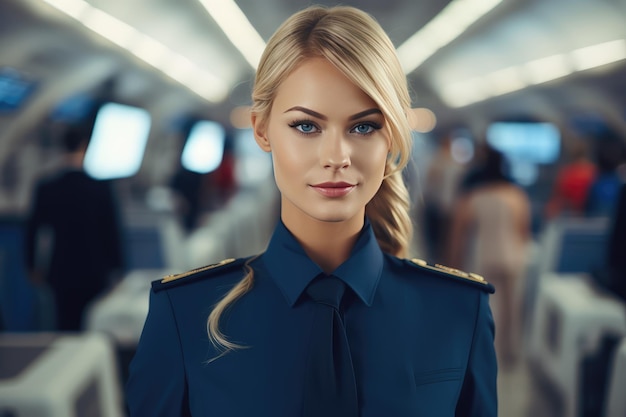 Blonde woman working as flight attendant