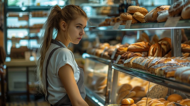 A blonde woman works in a bakery wearing a shortsleeved blouse and apron focused and professional