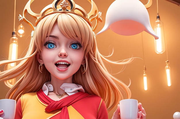 A Blonde Young manga anime girl coffee queen with crown and wearing a coffee beans dress and getting high with a coffee cup illustration generative ai