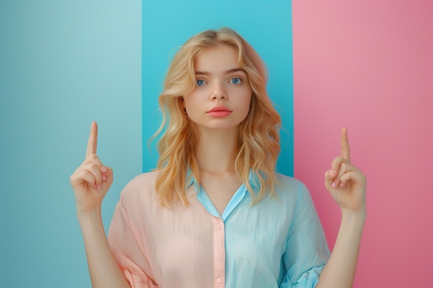 Photo blondie girl making sign to both sides