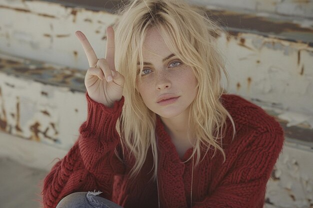 Photo blondie girl showing peace and friendship sign