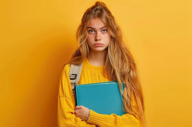 Blondie girl with a blue folder looks sleepy and tired