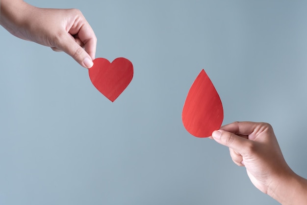 Blood donation or surgery concept Human holding blood sign and a red heart shape