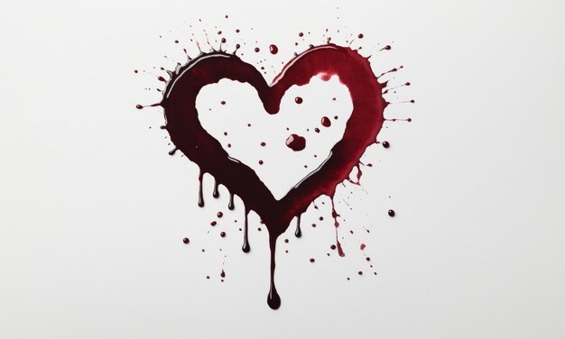 Photo blood dripping in heart shape on white background