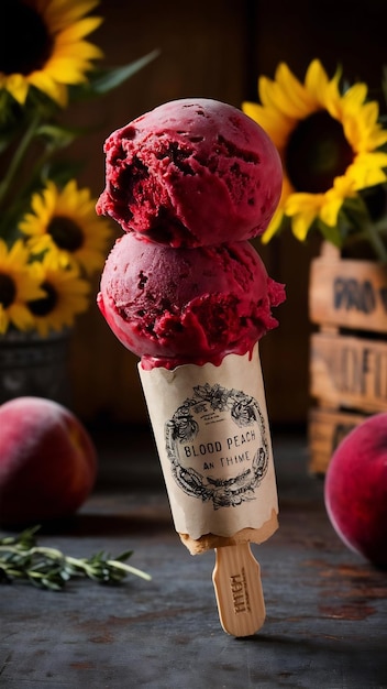 Blood red peach and thyme ice cream on a stick