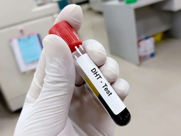 Blood sample for DHT dihydrotestosterone hormone test A medical testing concept