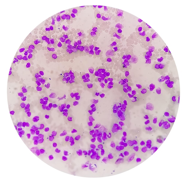 Blood smear under microscopy showing chronic lymphoblastic leukemia (CLL)