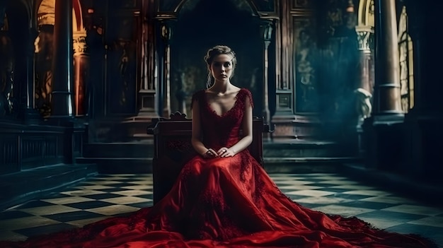 Bloodthirsty woman in a red dress medieval interior Generative AI