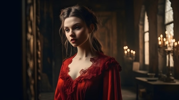 Bloodthirsty woman in a red dress medieval interior Generative AI