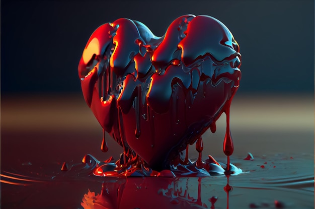 Bloody heart in burgundy color liquid drain and splash on dark backgroundAI