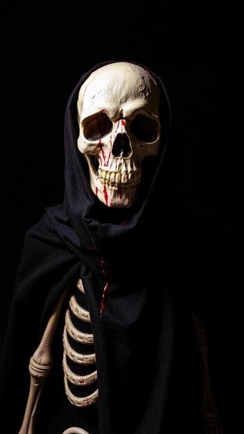 Photo bloody skull in a black hood