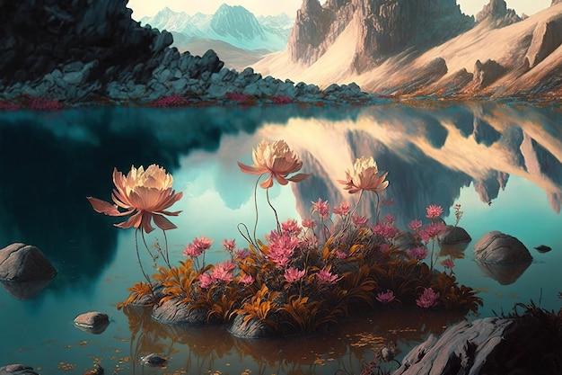 bloom in the pond by the mountains