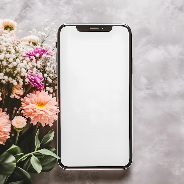 Photo blooming artistry big smartphone featuring blank screen and fresh flower bouquets