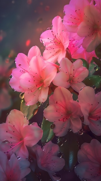 Blooming azalea flowers with drops of water closeup background Floral wallpaper Ai generated