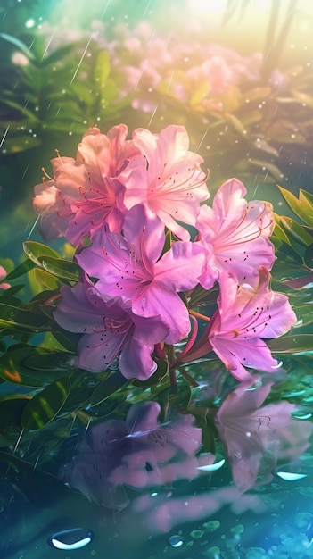 Blooming azalea flowers with drops of water closeup background Summer wallpaper Ai generated