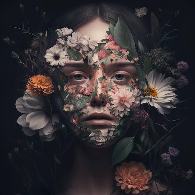 Blooming Beauty A Portrait of a Woman with Flowers Embedded in Her Face ai generated