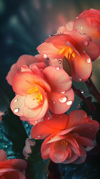 Blooming begonia flowers with drops of water closeup background Spring wallpaper Ai generated